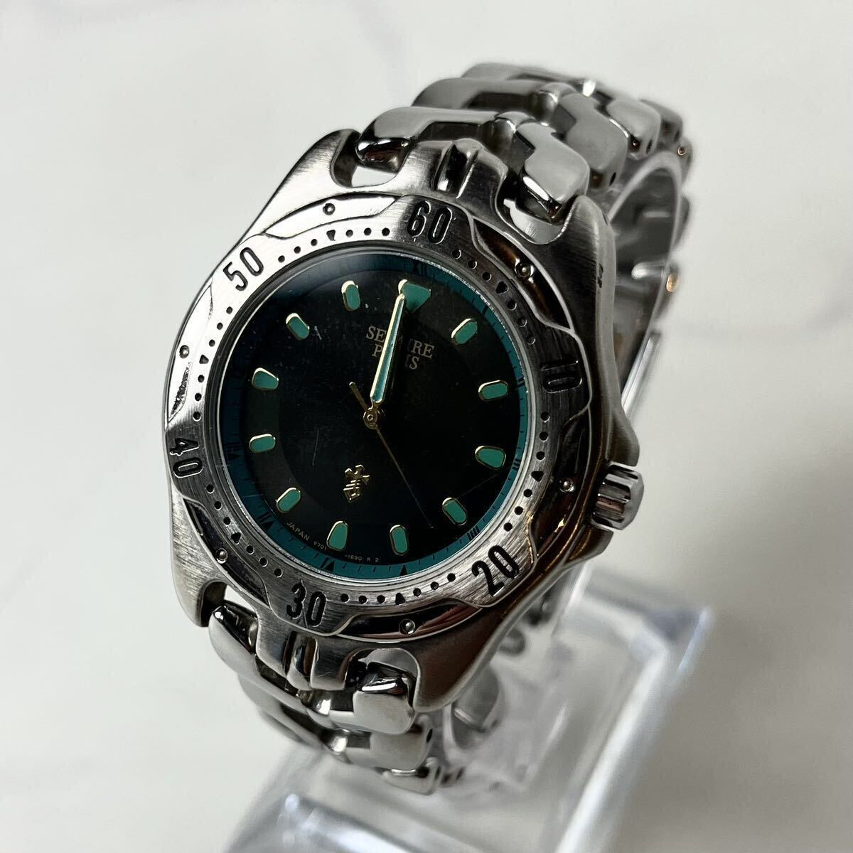 [ actual work ] SEIKO Seiko ALBA Alba face turquoise black quarts wristwatch watch silver men's operation goods rare color 