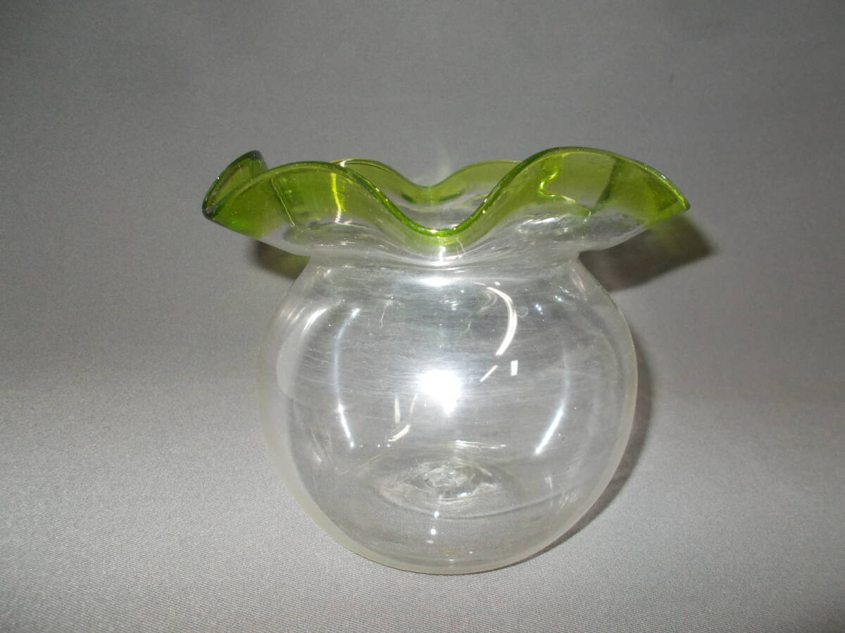 ◆古いガラス金魚鉢-中◆グリーンフリル縁吹きガラス◆アンティークの画像3