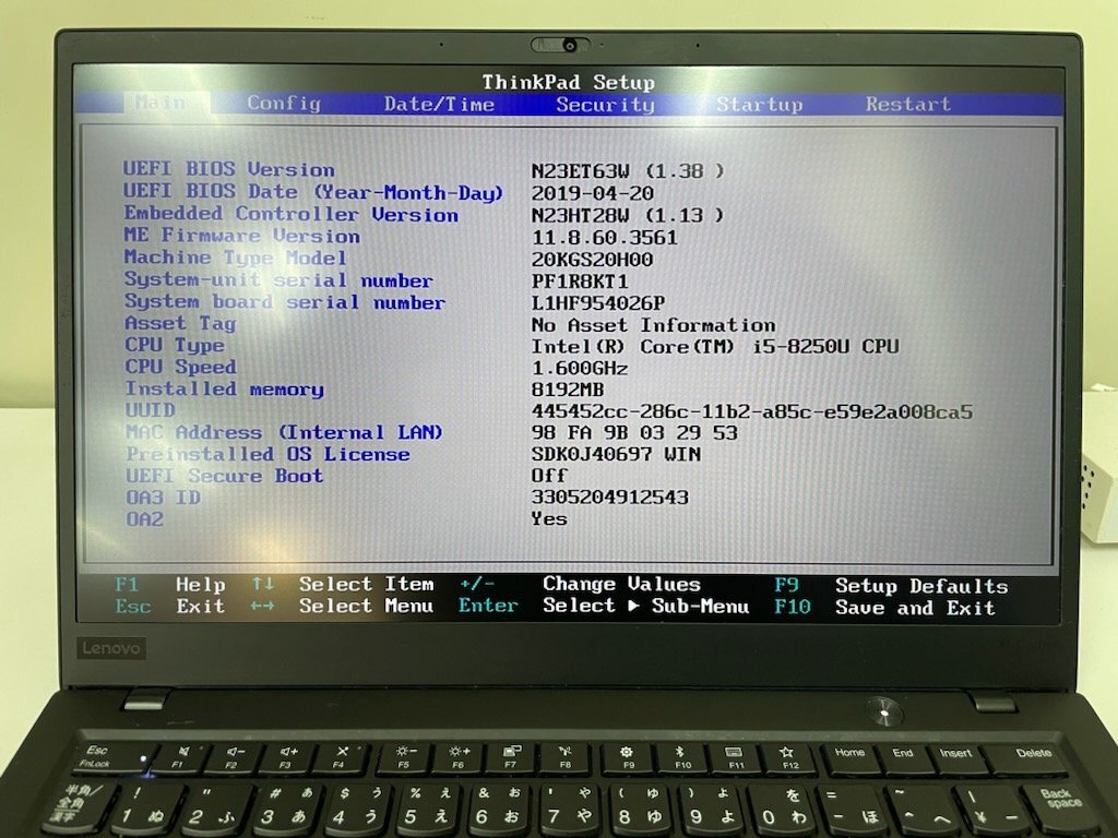 【UEFI起動確認済み／中古】ThinkPad X1 Carbon [TYPE 20KG-S20H00] (Core i5-8250U, RAM8GB, SSD 無し) 本体＋ACアダプタ●UEFI-BATT NG_画像4