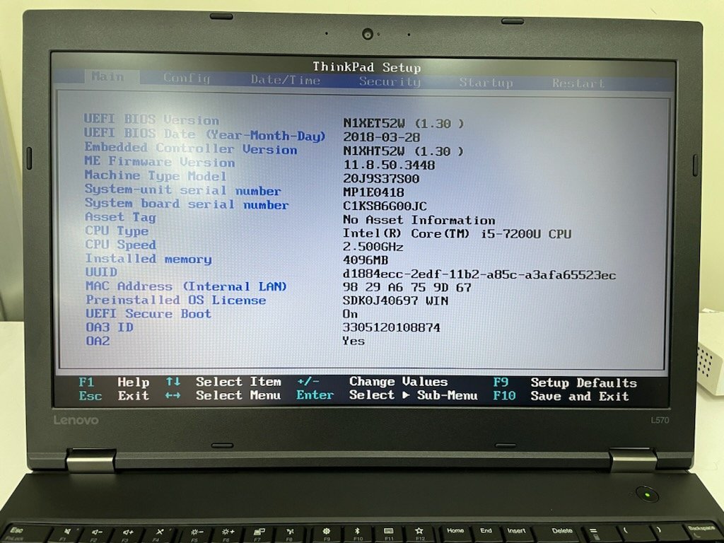 【UEFI起動確認済み／中古】ThinkPad L570 【20J9-S37S00】 (Core i5-7200U, RAM4GB, HDD無し[OS無し]) ★本体＋ACアダプタ_画像4