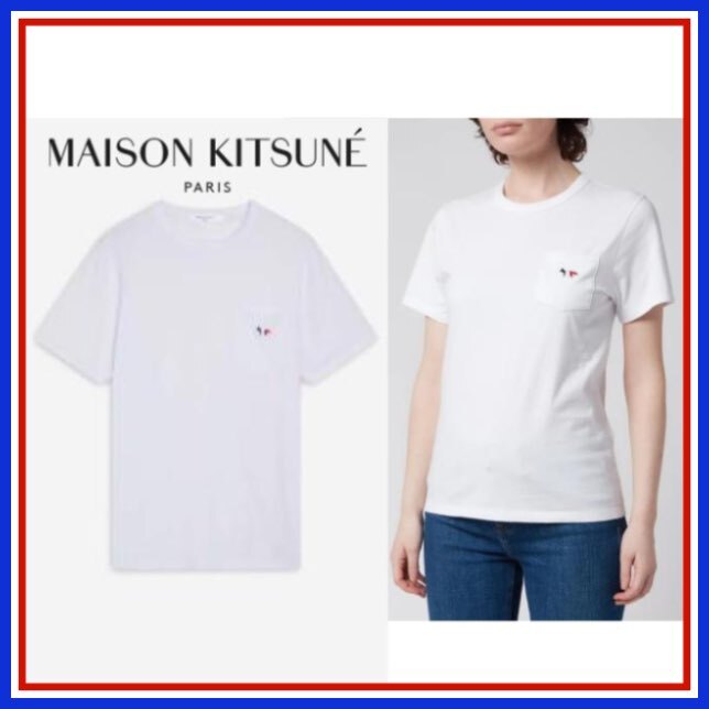 ● MAISON KITSUNE 半袖 Tシャツ S 白 トリコロール 新品 メゾンキツネ ポケット フォックス パッチ 52 Rue de Richelieu PARIS 1er