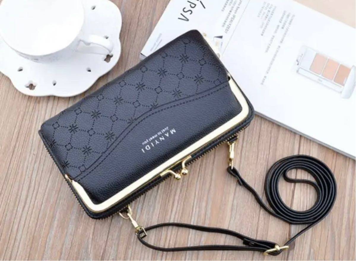  new goods long wallet horizontal purse pochette shoulder bag . purse smartphone pouch black bulrush .