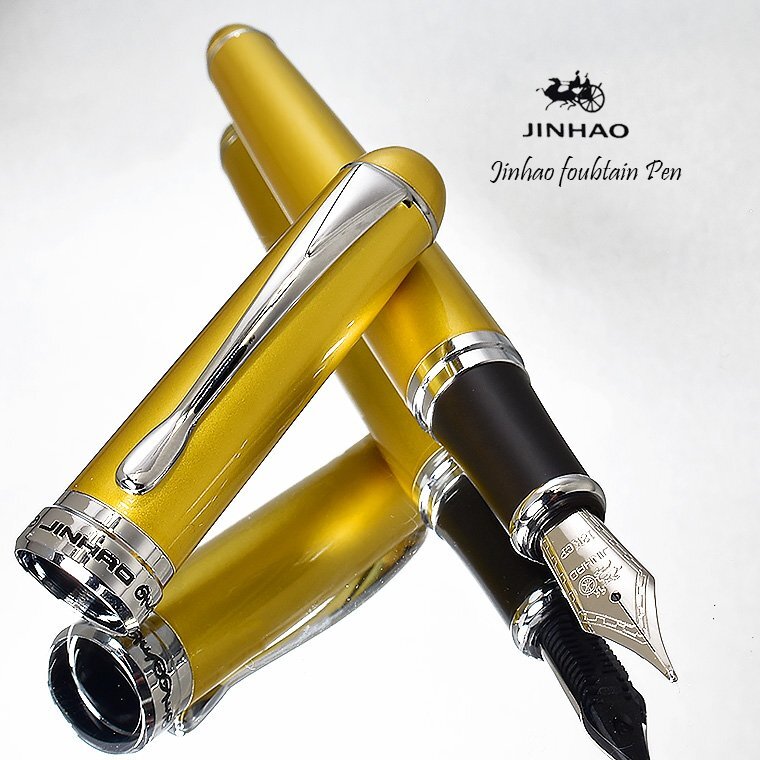 ◆●万年筆【JINHAO/金豪】ジンハオ X750 メタリックイエロー 太軸 両用式 ペン先:大型18KGP M 中字 滑らかな書き心地 新品 1円～/JH8Mの画像2