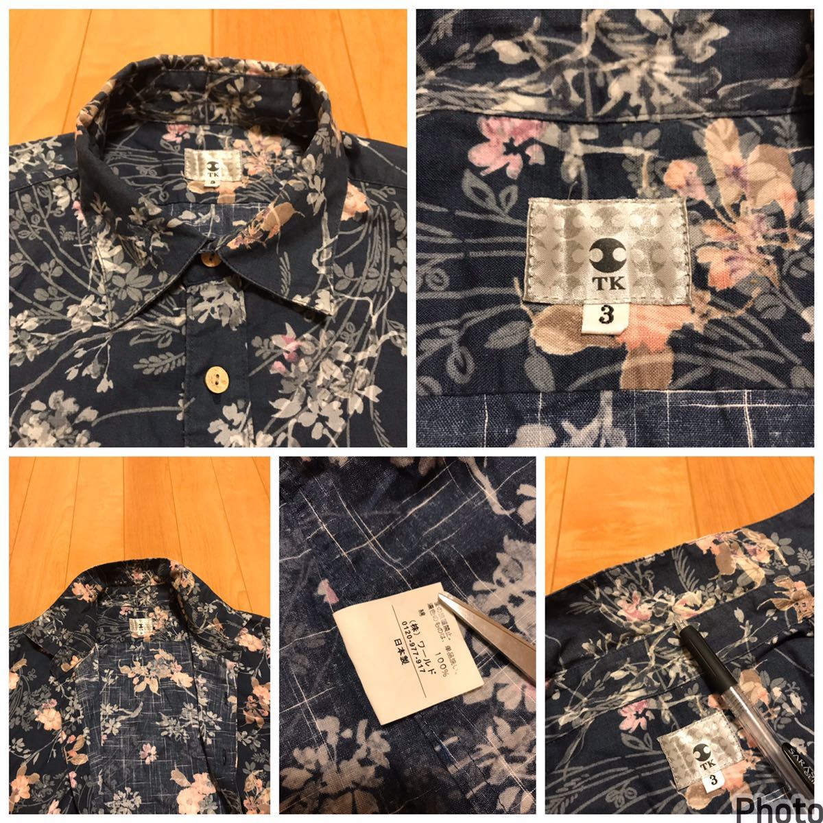  superior article *TK/ Takeo Kikuchi men's size 3 peace pattern * short sleeves aro is manner shirt old manner .. flower total pattern print indigo style navy navy blue color coconut button!