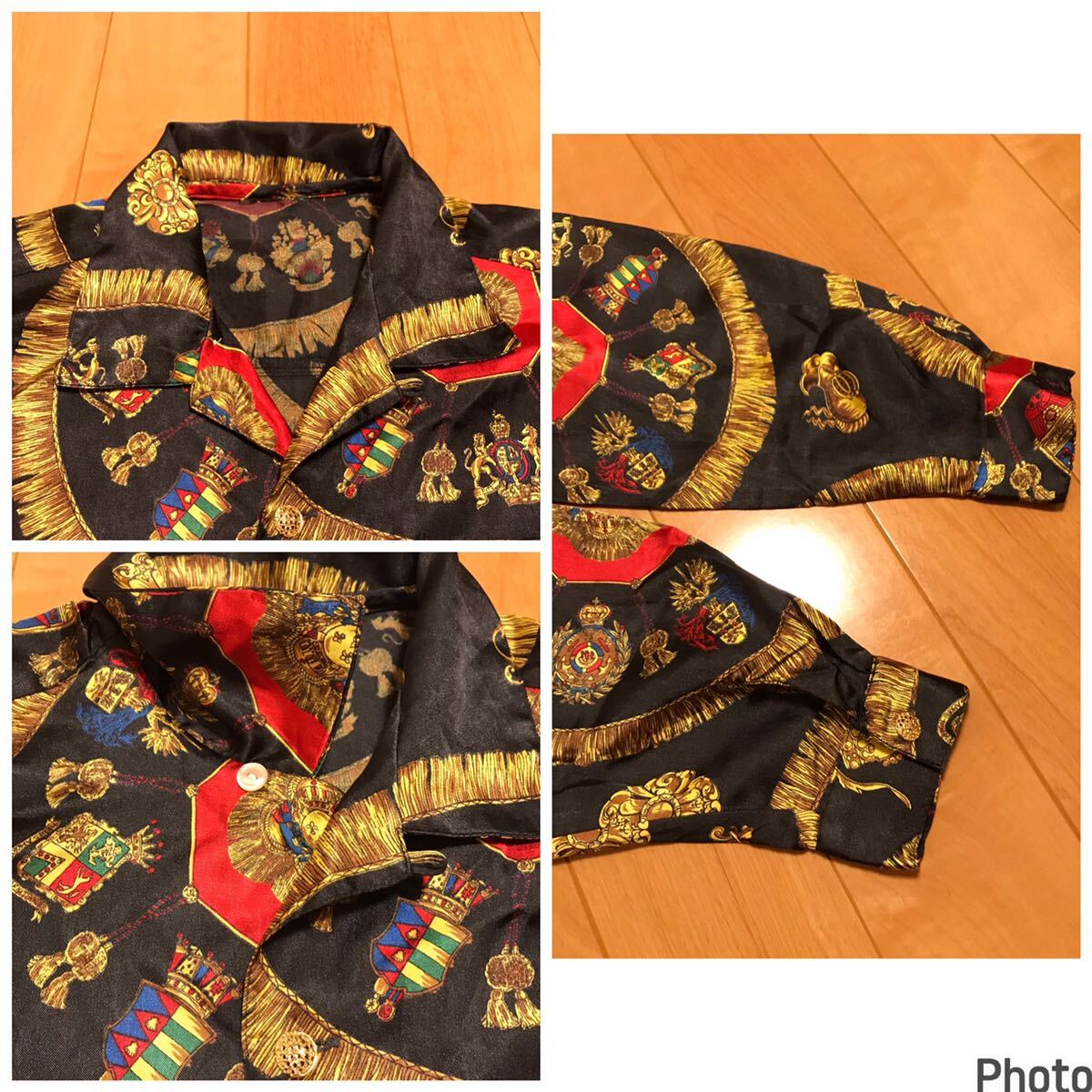  superior article *90sUnknown men's size S? average black silk manner ultrathin hand long sleeve shirt * piece ...... scarf style total pattern!/ tassel. lily. emblem other black 