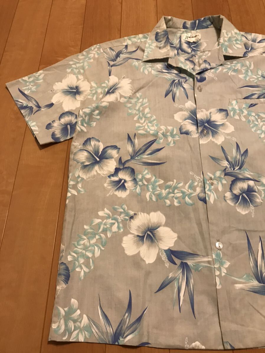 良品☆HAWAII.USA製／OLD Helena's メンズ日本サイズL-XL並?半袖オールドアロハシャツ オリジナルビンテージ 大判花&葉っぱ総柄 希少グレー_画像4