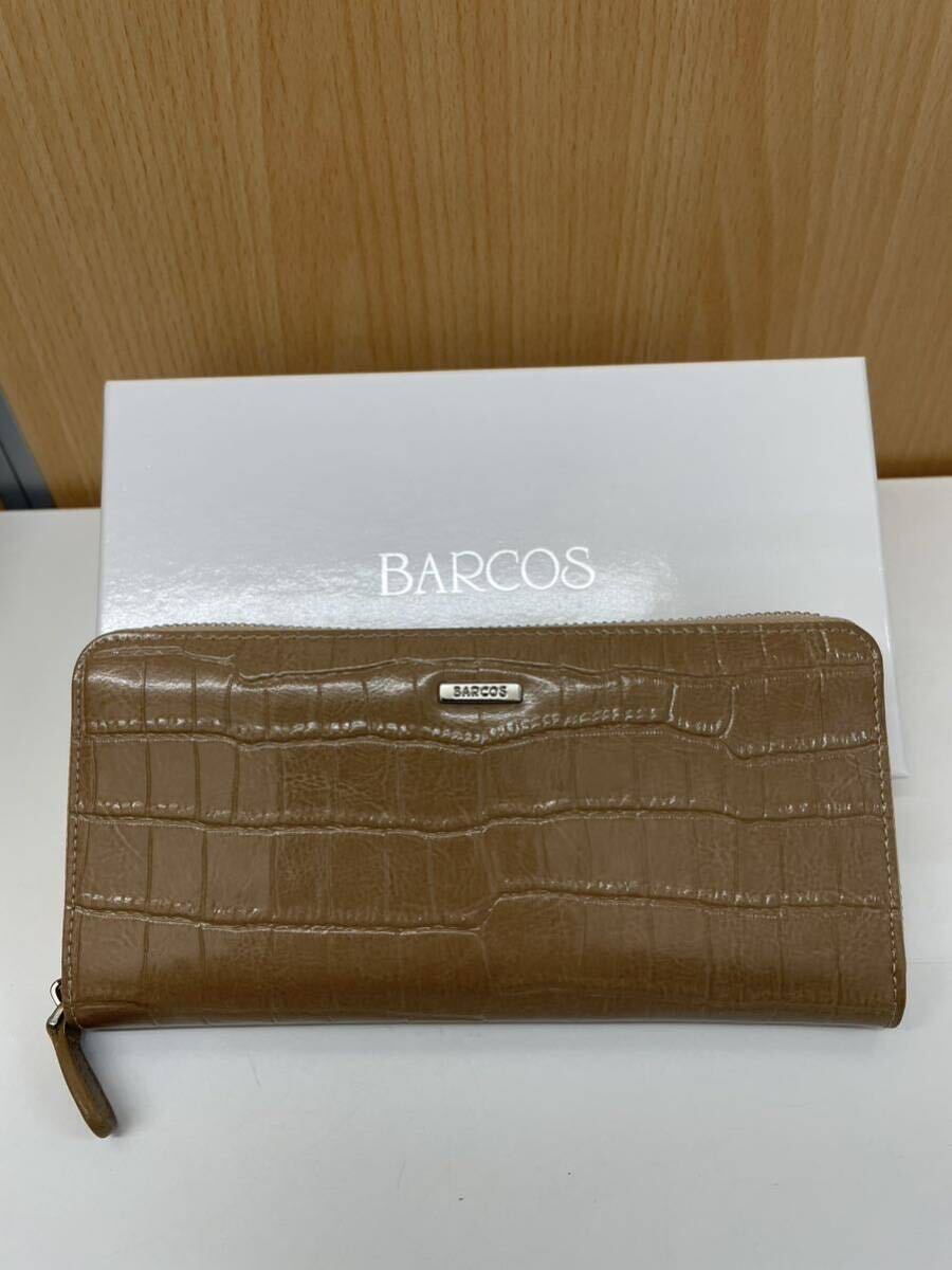 【TM0314】BARCOS 長財布 バルコス ラウンドファスナータイプ ダークブラウン クロコ風型押し財布 サイフ 美品 _画像1