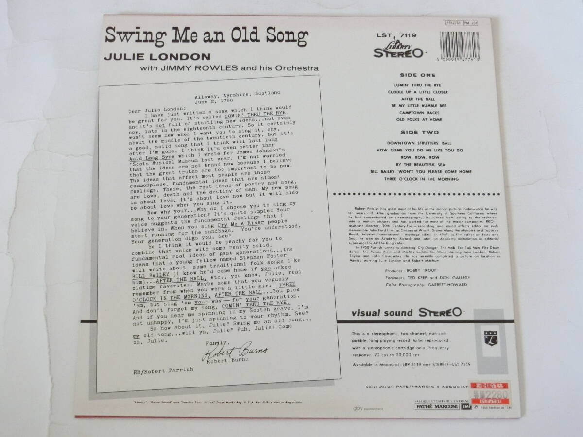 ジュリー・ロンドン LPレコード スイング・ミー・アン・オールド・ソング フランス盤 1547761 Julie London/Swing Me An Old Song _画像2