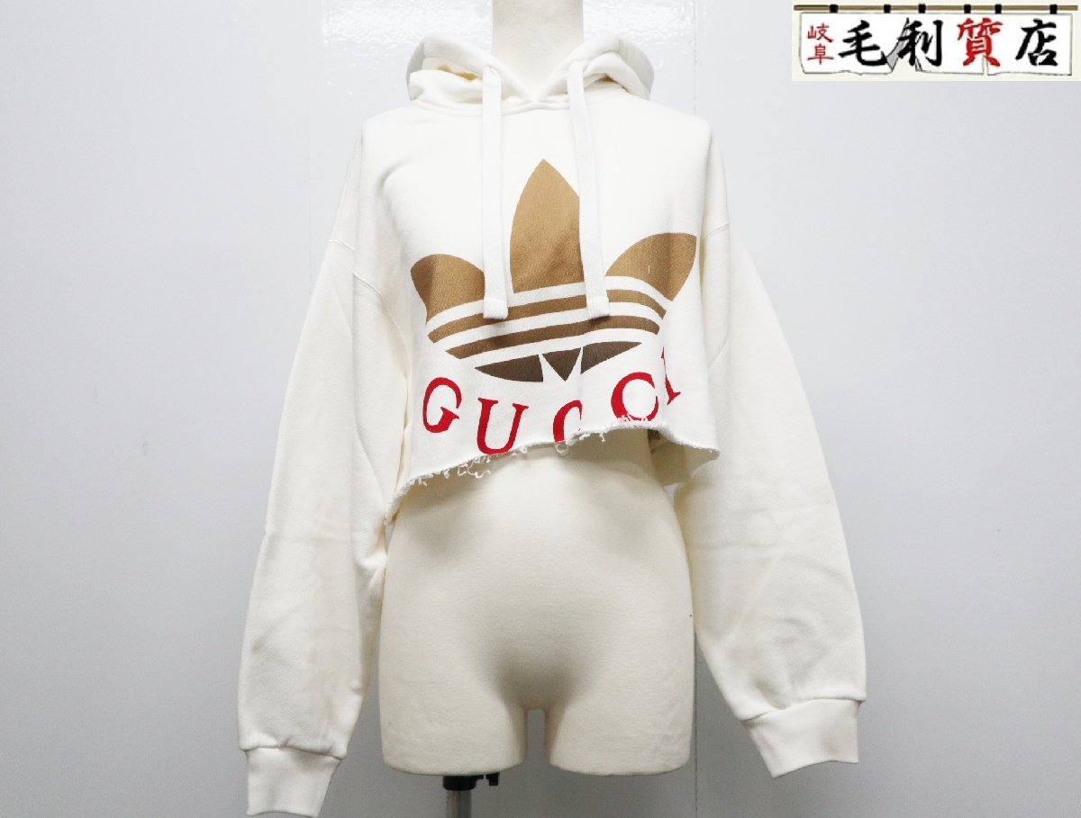 グッチ アディダス GUCCI adidas 688197 XJE7H パーカー コットン クロップド スウェットシャツ ホワイト サイズS 極美品 服_画像1