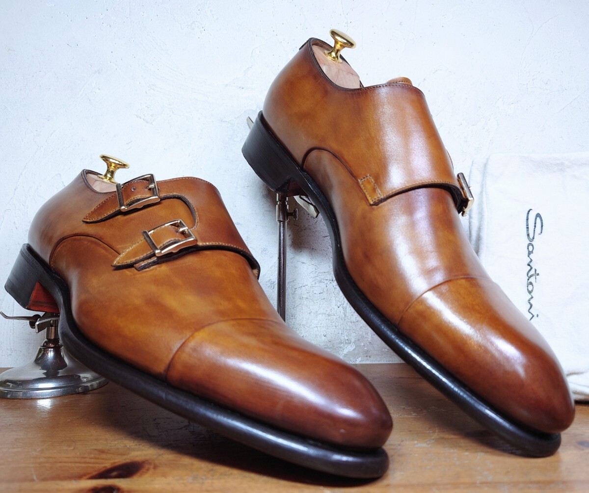 【1度使用程度/極美品】ITALY製 Santoni/サントーニ ダブルモンクストラップ UK91/2 28-28.5cm相応 ブラウン 茶/magnanni ブランキーニ