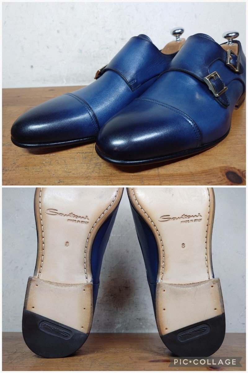 [.. надеть обувь только / не использовался ]ITALY производства Santoni/ солнечный to-ni двойной monk ремешок UK8 27cm соответствующий темно-синий /magnanni Blanc ключ ni