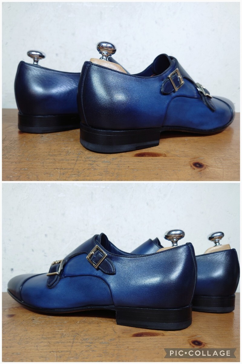 [.. надеть обувь только / не использовался ]ITALY производства Santoni/ солнечный to-ni двойной monk ремешок UK8 27cm соответствующий темно-синий /magnanni Blanc ключ ni