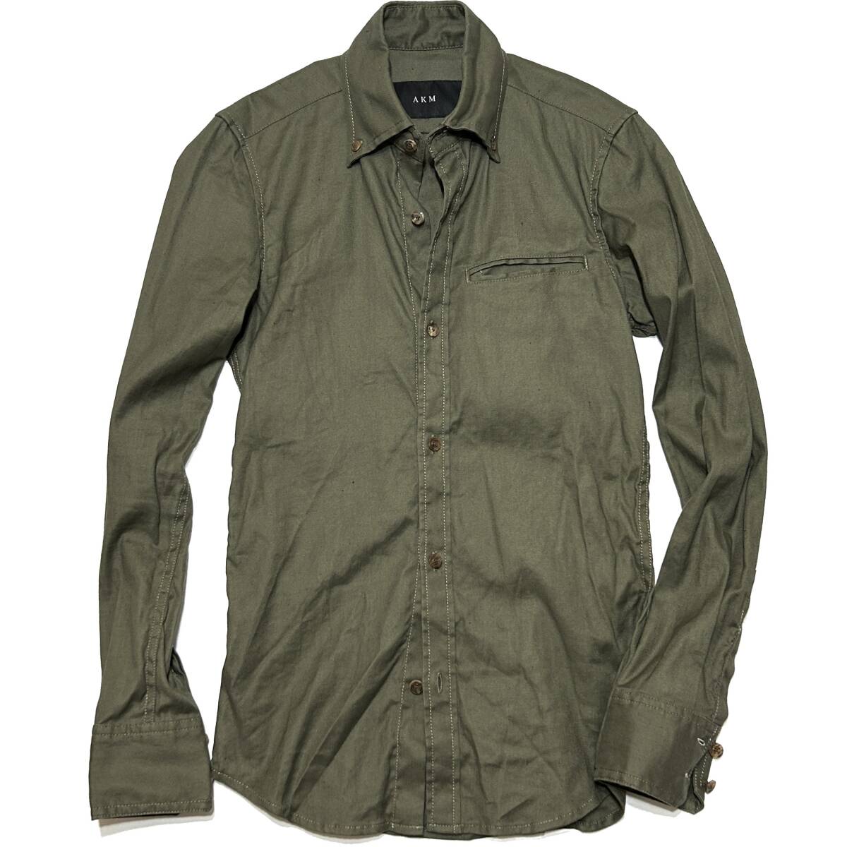 定価2.6万 AKM STRETCH LINEN B.D SHIRTS サイズS カーキ　ストレッチリネンボタンダウンシャツ ジュンハシモト　wjk