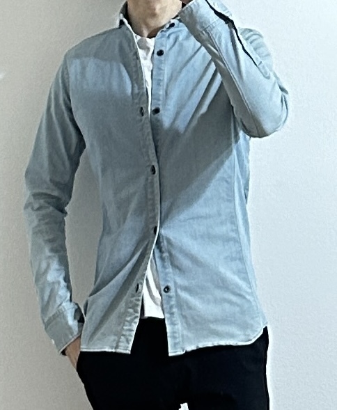 定価2.5万 junhashimoto STRETCH DENIM HORIZONTAL SHIRTS 3 ジュンハシモト ストレッチデニムホリゾンタルシャツ akm wjk 1piu_画像4