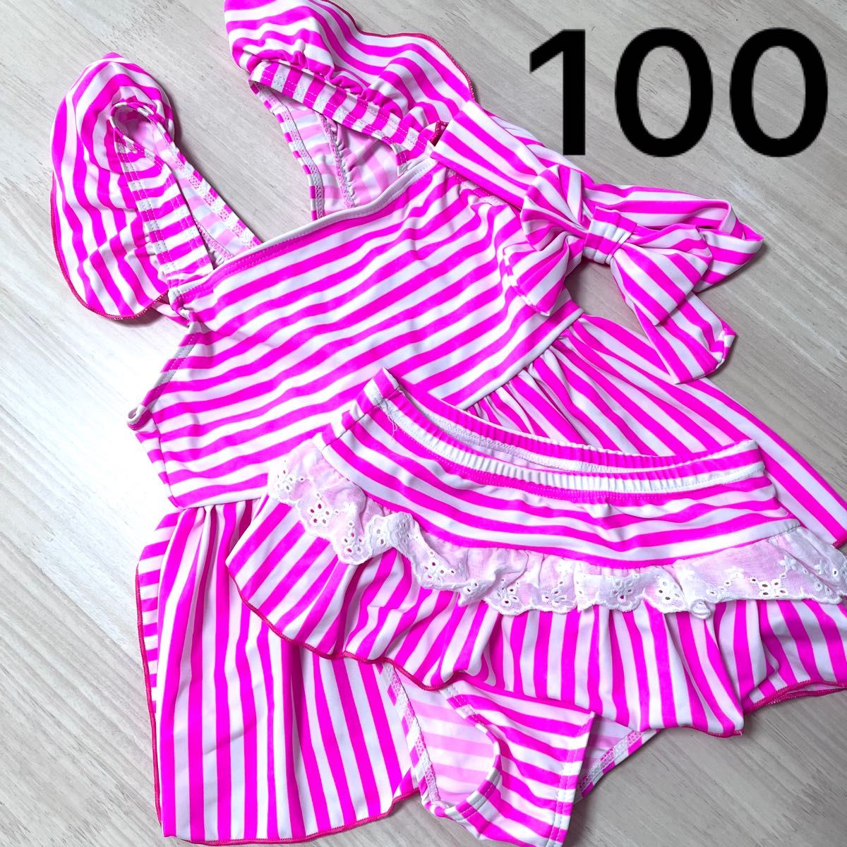 未使用 100 子供 キッズ 女の子 水着 ヘアバンド ピンク セパレート ストラップ かわいい