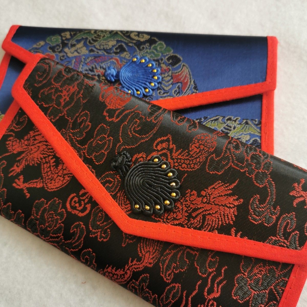 新品シルク財布龍模様赤紺色光沢高級感二点安いバラ売り可能