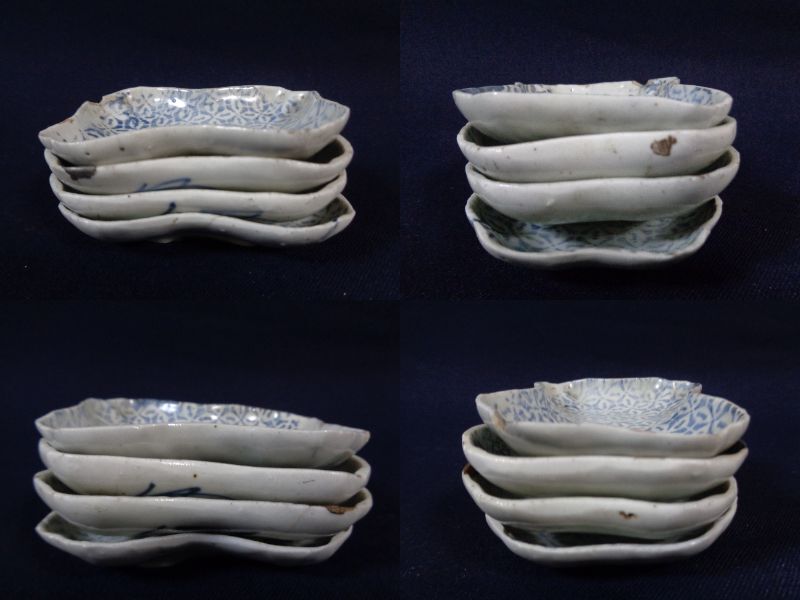 古伊万里 初期印判手 小皿 豆皿 2種4枚 江戸前期 金継ぎ 参考品 時代物の画像2