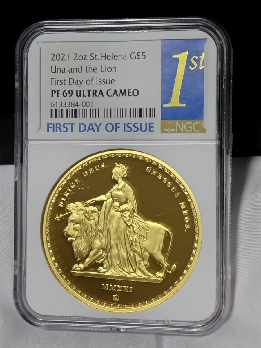 ウナとライオン セントヘレナ2021年　５ポンド ２オンスプルーフ純金貨 ワイオン版　NGC PF69UC　First Day of Issue　発行枚数１２５枚_画像1