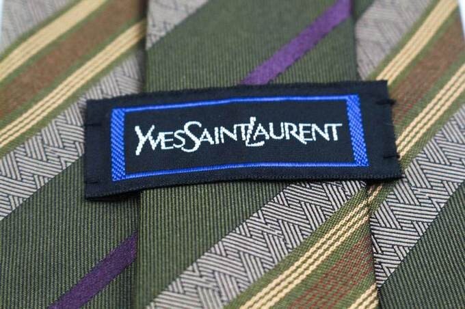 イヴ・サンローラン シルク ストライプ柄 YSL 高級 ブランド ネクタイ メンズ カーキ Yves Saint Laurent YSLの画像4