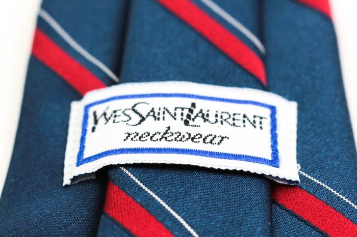 イヴ・サンローラン YSL ロゴ ストライプ柄 ブランド ネクタイ メンズ ネイビー 良品 Yves Saint Laurent YSLの画像4