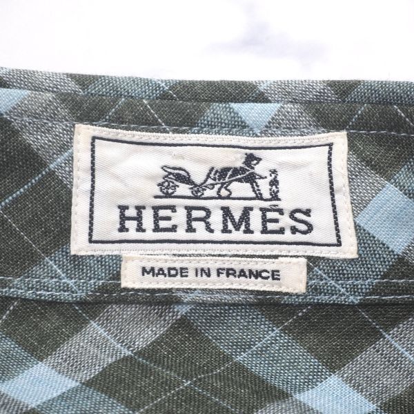 M3-YL105 エルメス HERMES セリエボタン リネン 長袖 シャツ グリーン ライトブルー チェック 40/15 3/4 メンズ_画像6