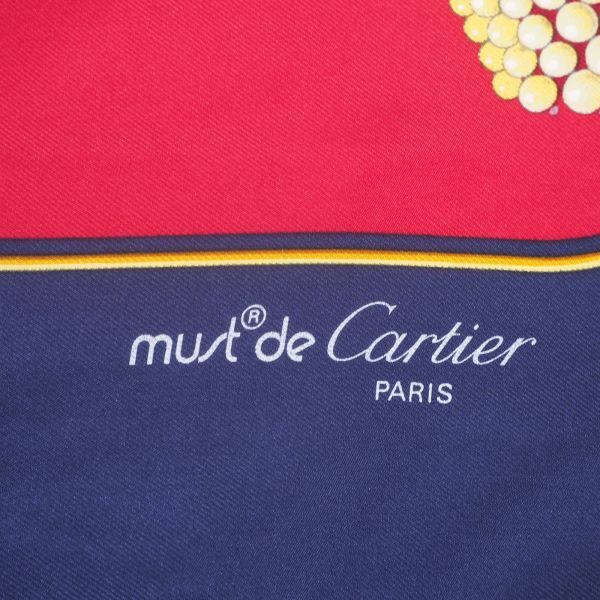 4-ZB082 カルティエ Cartier フランス製 シルク スカーフ ネイビー/レッド レディース_画像3