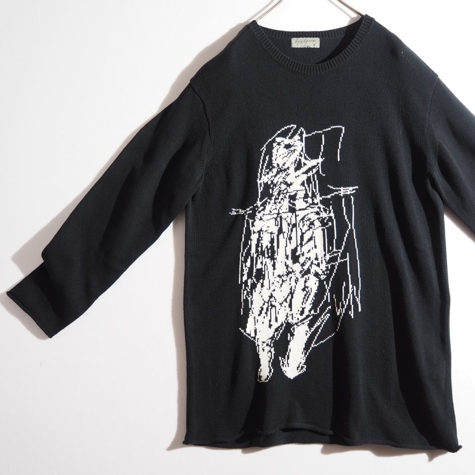 C1831P▼Yohji Yamamoto POUR HOMME ヨウジヤマモト 朝倉優佳▼ 20SS Kateki Intarsia 山本耀司柄 コットンニット ブラック 3 春夏 rb mks_画像2