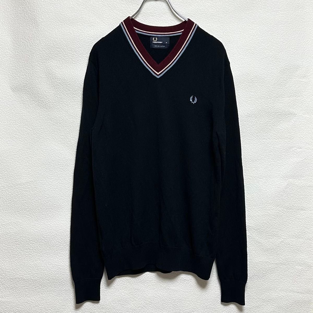 古着 FREDPERRY フレンドペリー Vネック 薄手ニット セーター M 紺 ネイビー サンプル品 Used