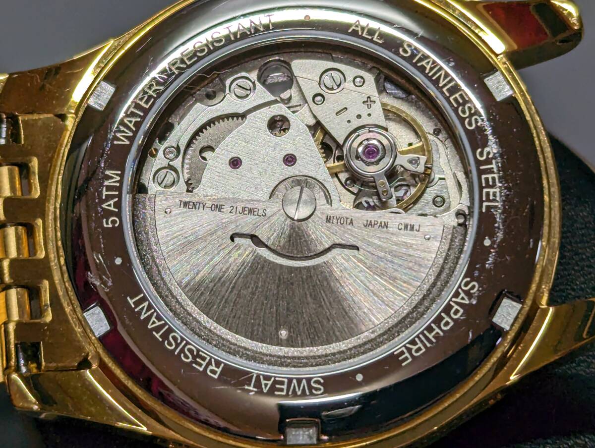 【中古 稼働品】 BINLUN AUTOMATIC サファイアガラス シースルーバック MIYOTA製 21石 デイト 自動巻き 腕時計 現状品 (k-0565)_画像9