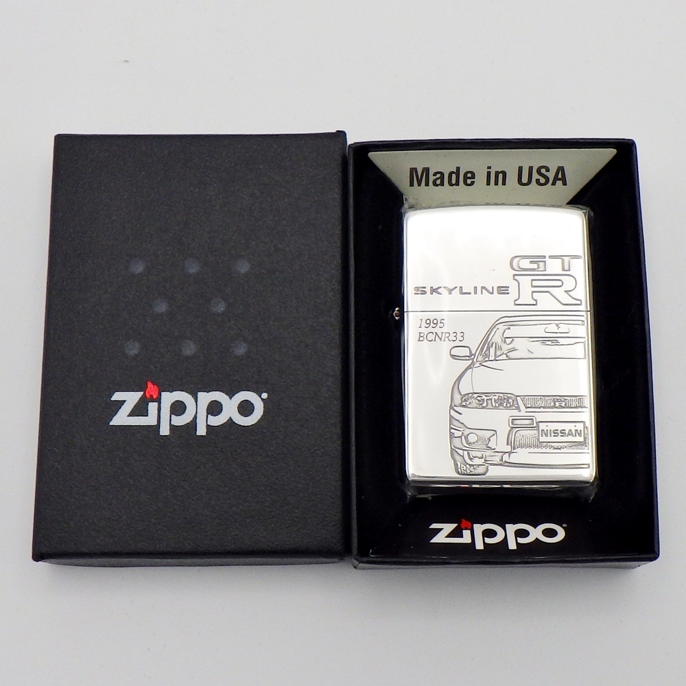 C24-488【未使用】ZIPPO ジッポー NISSAN 日産 SKYLINE スカイライン GT-R BCNR33 1995 オイルライター シリアルナンバー入り 箱付き_画像1