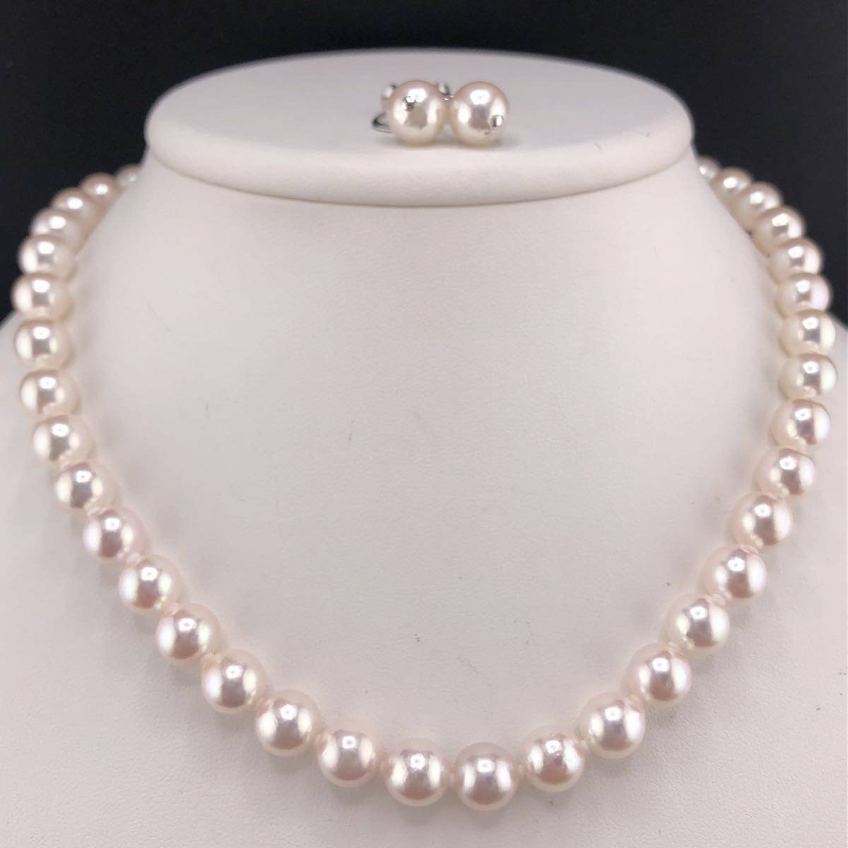 E02-6542 【箱付き☆2点SET】アコヤパールネックレス＆イヤリング 8.5mm~9.0mm 40cm 45g 2.8g ( アコヤ真珠 Pearl necklace SILVER )_画像1