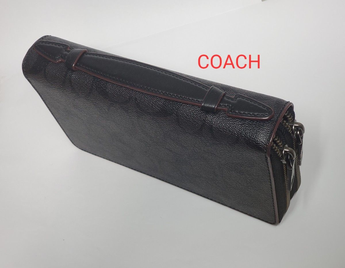 COACH 美品 長財布 オーガナイザー セカンドバッグ ダブルジップ トラベルケース ブラック 正規品 シグネチャー コーチ