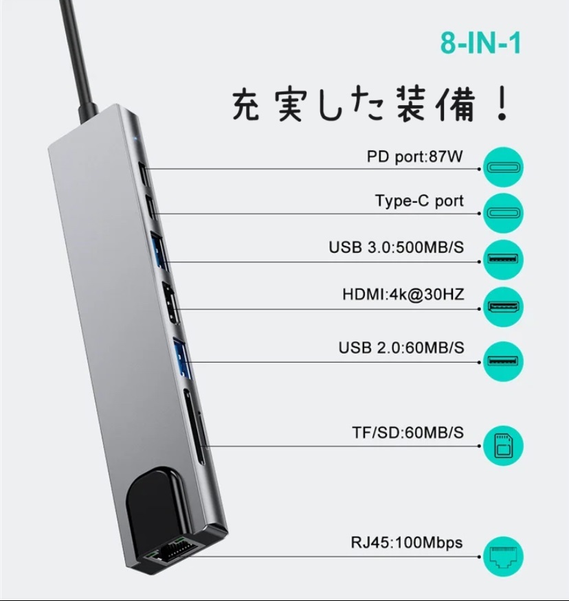 type-c ドッキングステーション 8in1 変換アダプタ 4K HDMIポート/USB 3.0*1 USB 2.0*1 高速データ転送/PD 87W 急速充電ポート_画像2