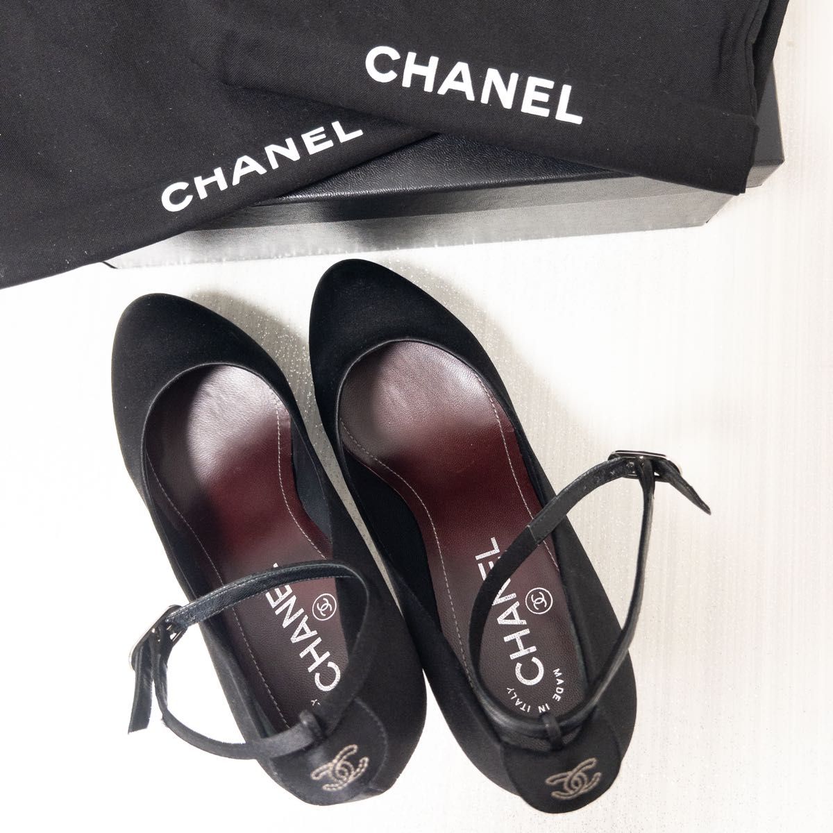 美品 シャネル ストラップ サテンヒールパンプス レディース 黒 37 CHANEL