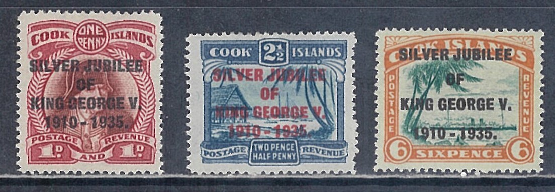 クック諸島 1935年 #98-100(OH) GeorgeⅤ在位25年 加刷 / Cap.クック 船舶 / Cat.Val.$10.00-の画像1