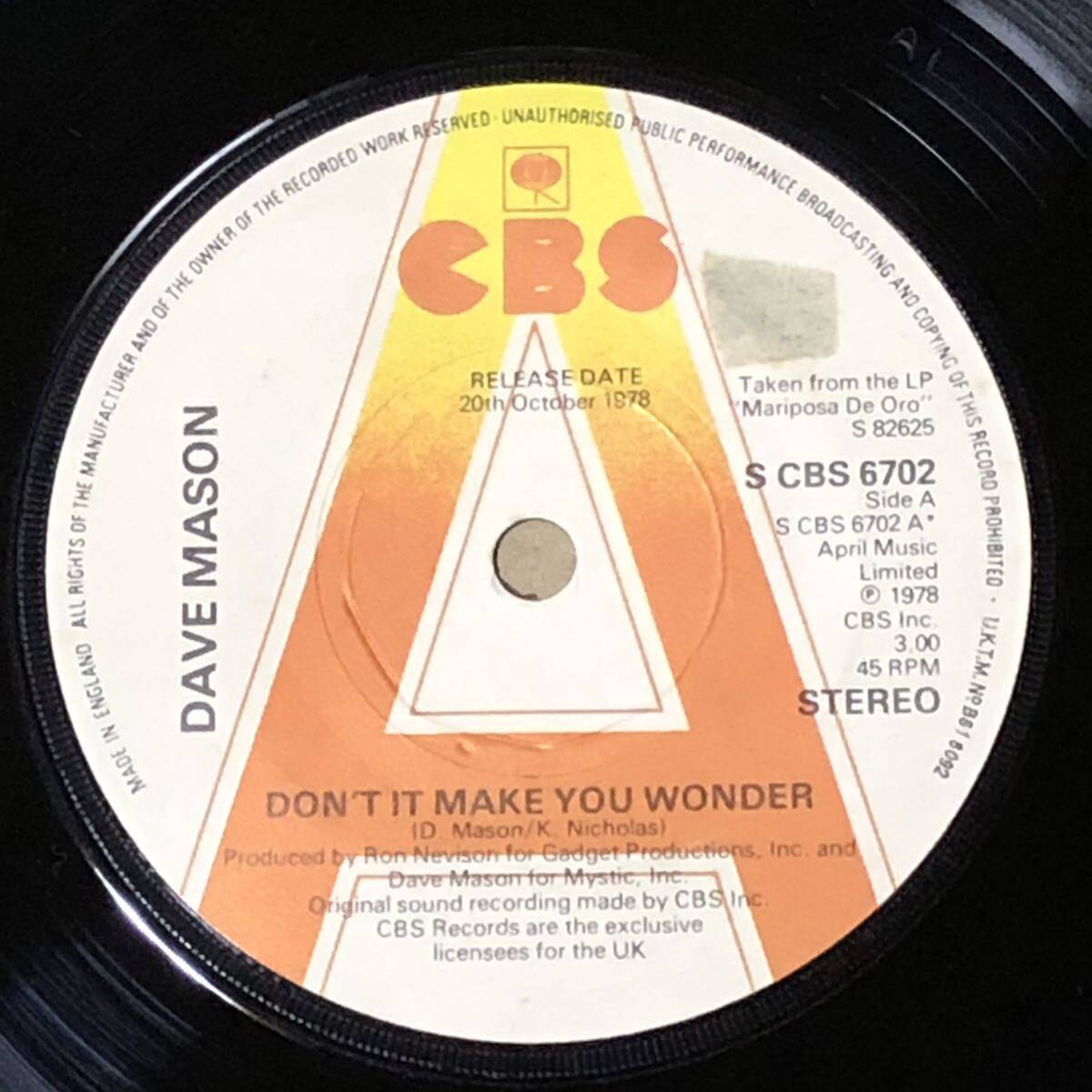 Dave Mason / Don't It Make You Wonder UK Orig Promo 7' Single 良好盤_画像1
