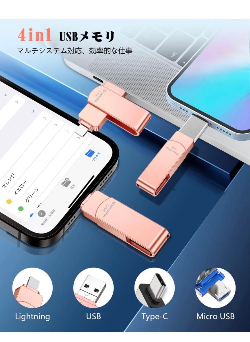 4 in1 usbメモリ【アプリ不要 アルバムから直接保存出来 】 フラッシュメモリ IOS/Android/PC