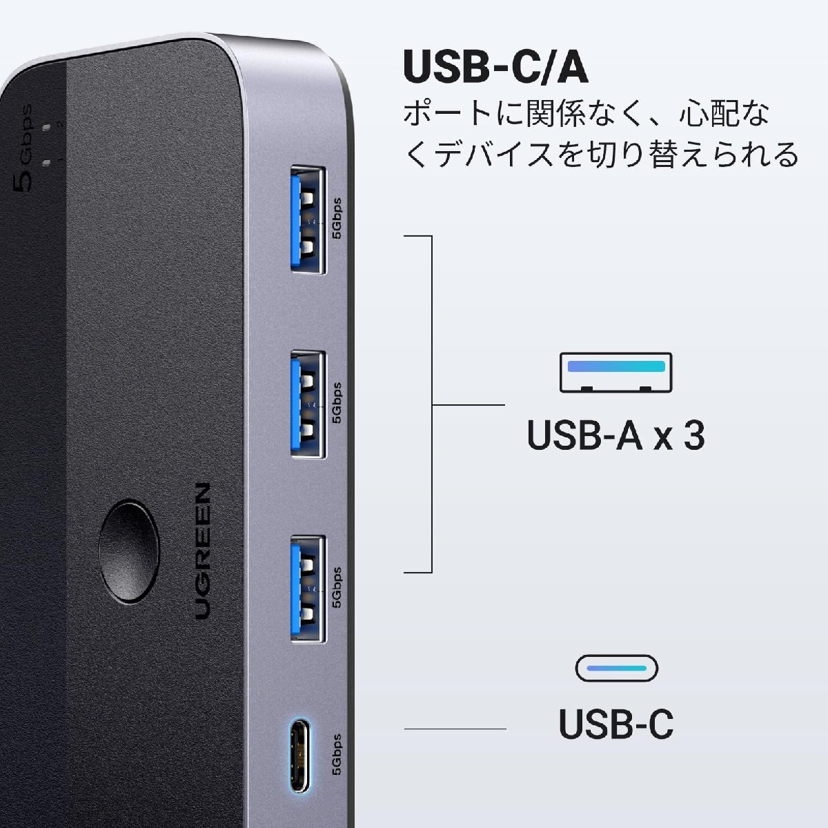 送料無料★UGREEN USB3.0 切替器 2PCでUSB-C&Aデバイス共有 5Gbps高速転送 切り替えリ モコン付き_画像2