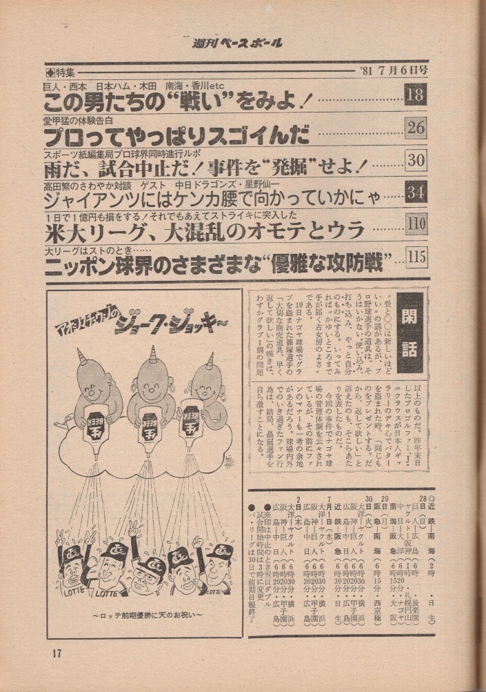 雑誌「週刊ベースボール」1981.7/6号★表紙&特集：西本聖(巨人)★もう一つの「熱パ」/鈴木孝政(中日)/鈴木康二朗/愛甲猛(ロッテ)星野仙一★_画像2