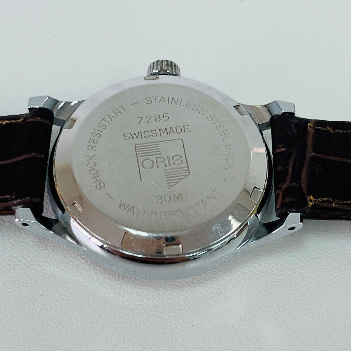 動作品 ORIS オリス ポインターデイト 7285 稼働品 手巻き 腕時計 ホワイト文字盤 T100の画像8
