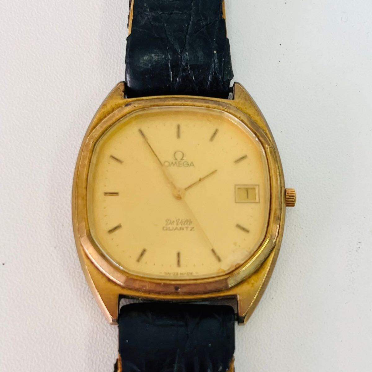 ジャンク オメガ デビル QZ 1332 ゴールド文字盤 デイト メンズ腕時計 