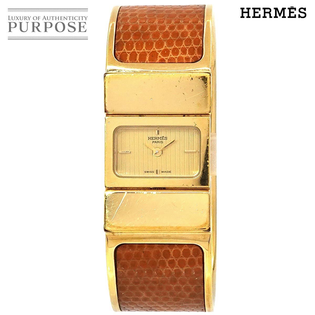 エルメス HERMES ロケ L01 201 バングル ウォッチ ヴィンテージ レディース 腕時計 ゴールド リザードレザー クォーツ Loquet 90225827