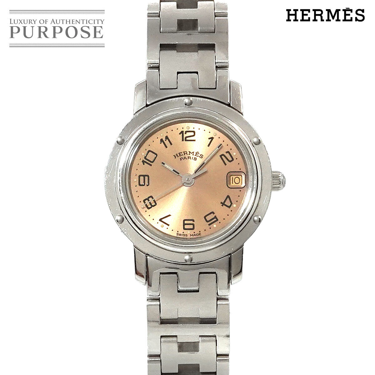 エルメス HERMES クリッパー CL4 210 ヴィンテージ レディース 腕時計 デイト ピンク 文字盤 クォーツ ウォッチ Clipper 90227801_画像1
