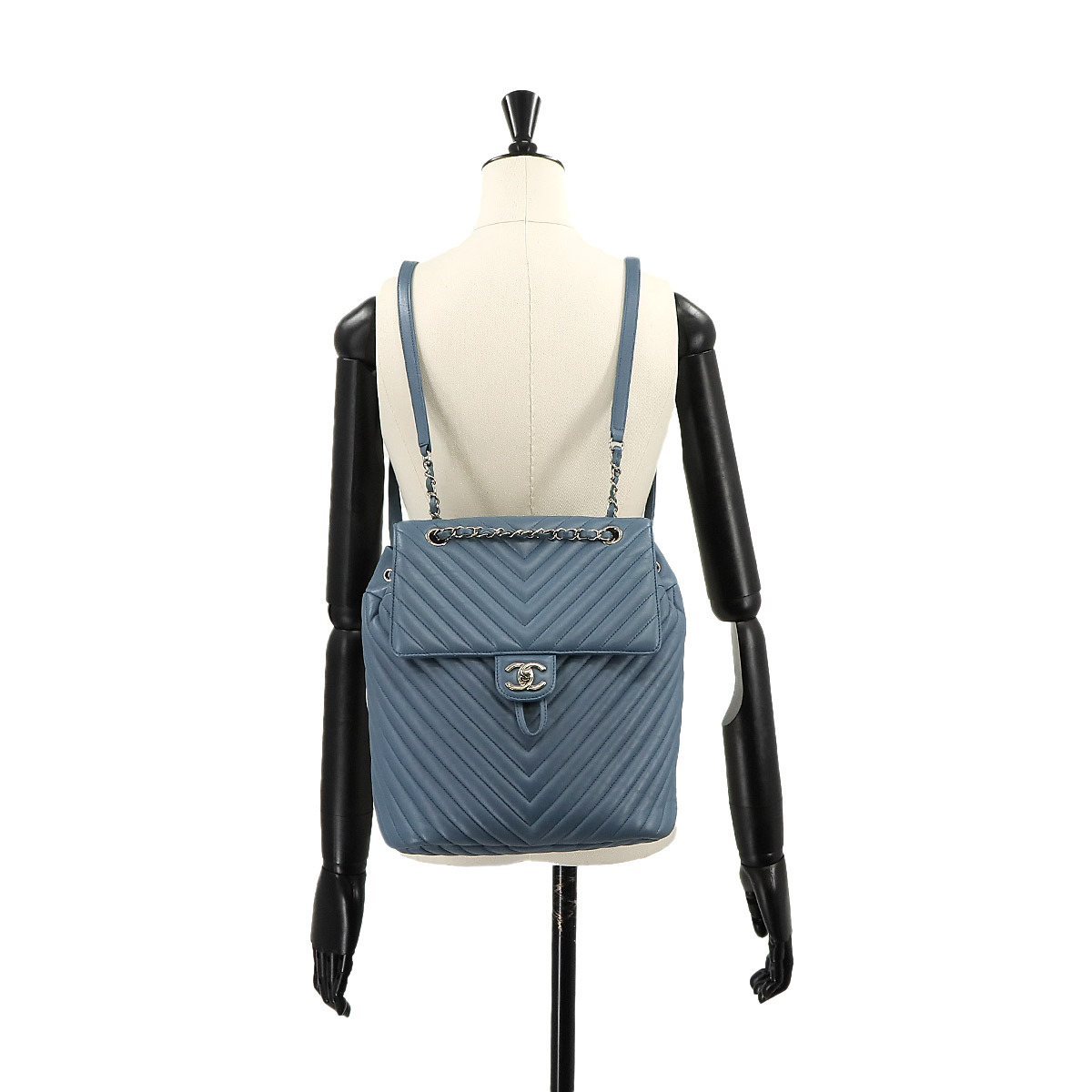 シャネル CHANEL シェブロン Vステッチ チェーン バックパック リュックサック レザー ブルーグレー A91122 Chevron Backpack 90227263_画像10