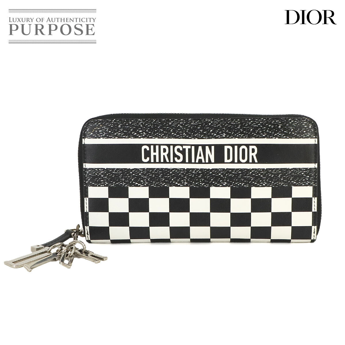 新品同様 クリスチャン ディオール Christian Dior ラウンドファスナー 長財布 レザー ブラック ホワイト シルバー 金具 90226834_画像1