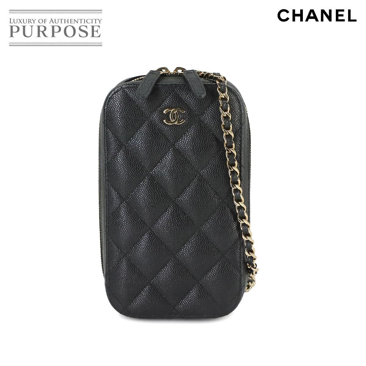 新品同様 シャネル CHANEL マトラッセ フォン ホルダー チェーン ショルダー バッグ キャビアスキン レザー ブラック A70655 90227242_画像1