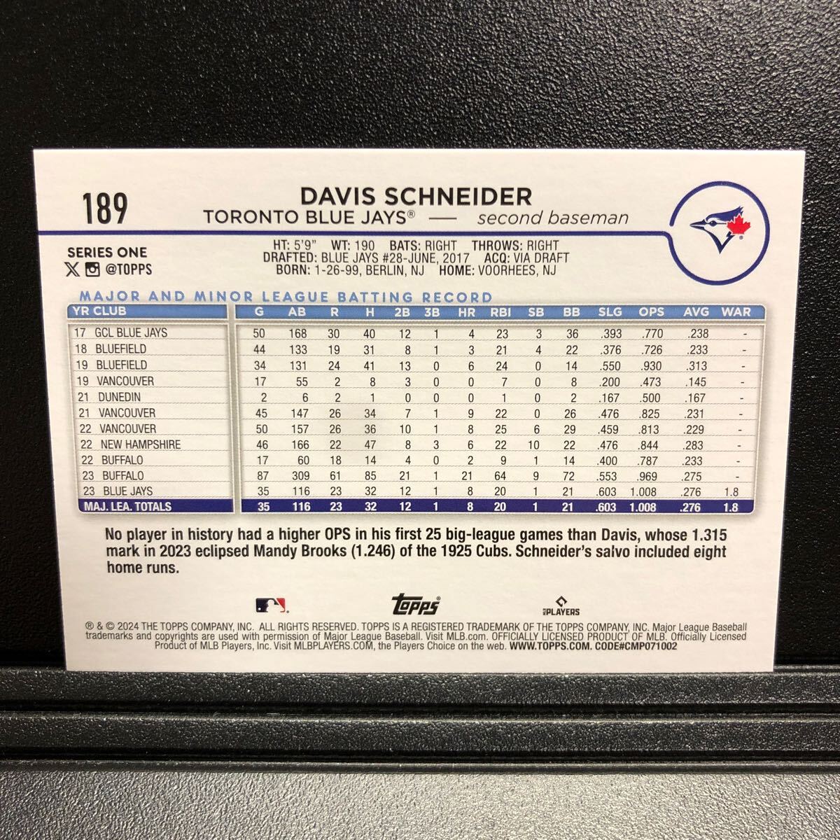 Davis Schneider 2024 Topps Series 1 #189 Rookie RC Blue Jaysの画像2