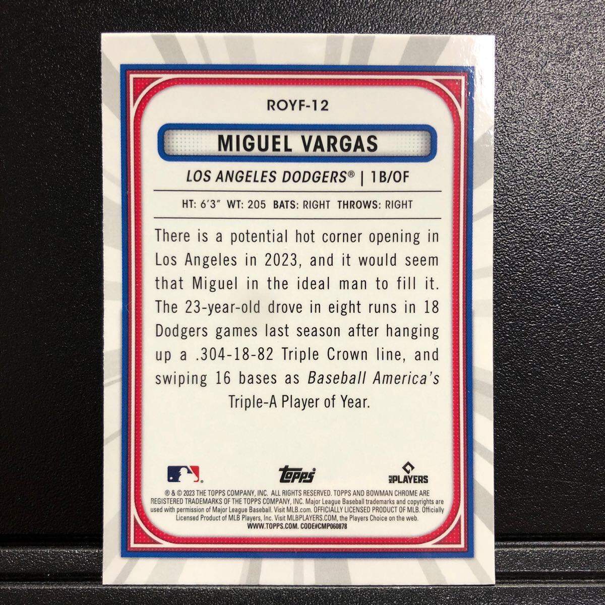 Miguel Vargas 2023 Topps Bowman Mega Box #ROYF-12 Rookie of the Year Favorites Chrome Mojo Refractor Rookie RC Dodgers_画像2
