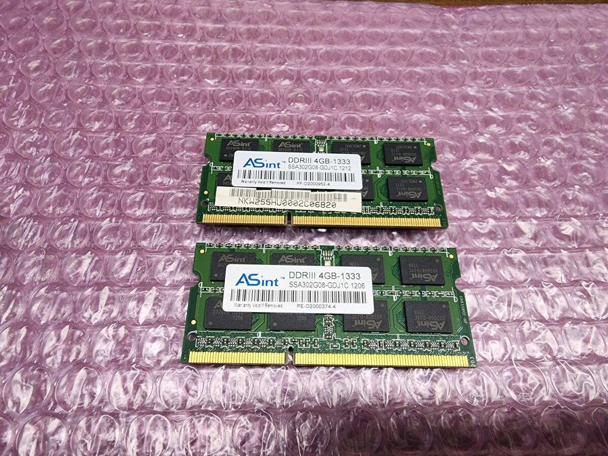 即決 Asint製 DDR3 4GB×2枚 合計8GB PC3-10600S PC3-8500S互換 SO-DIMM 送料120円～_画像1