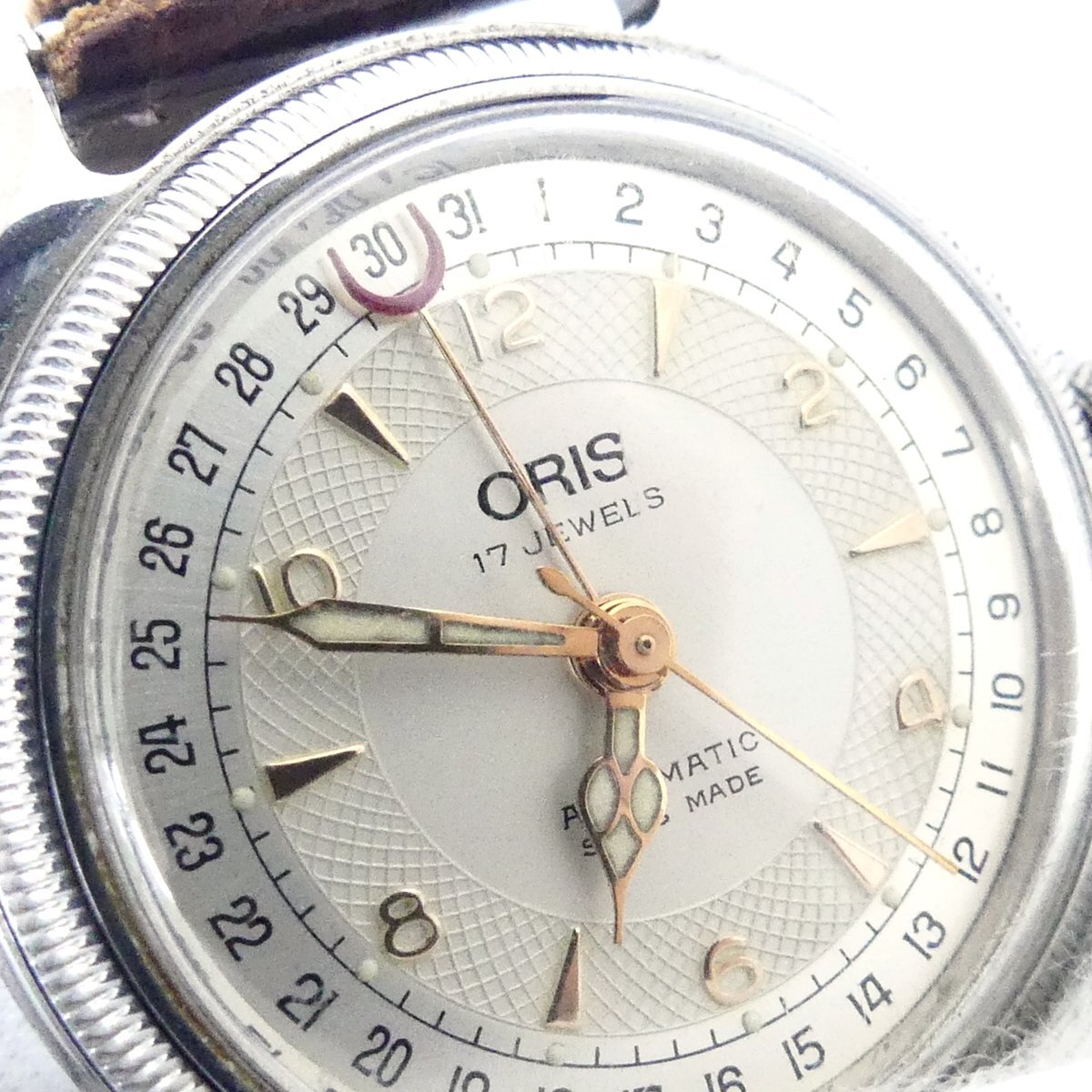 【送料無料】 ORIS オリス 7400B ポインターデイト ビッグクラウン 自動巻き 17石 裏スケルトン 腕時計 稼働品 USED /2403C_画像5